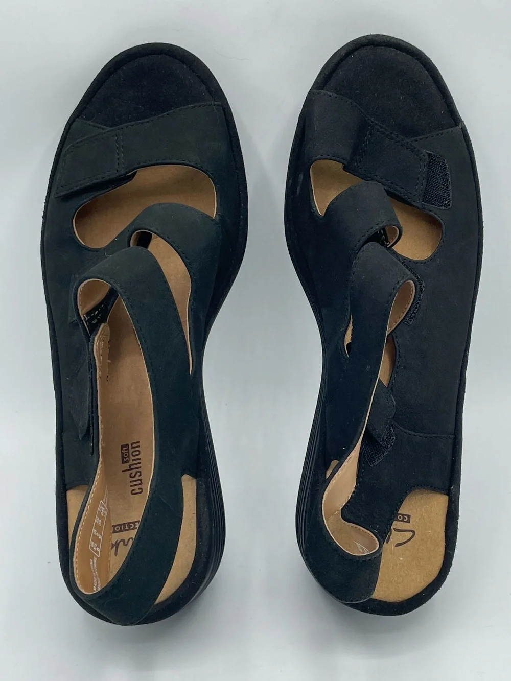 Clarks Black Three-Strap Wedge Sandals